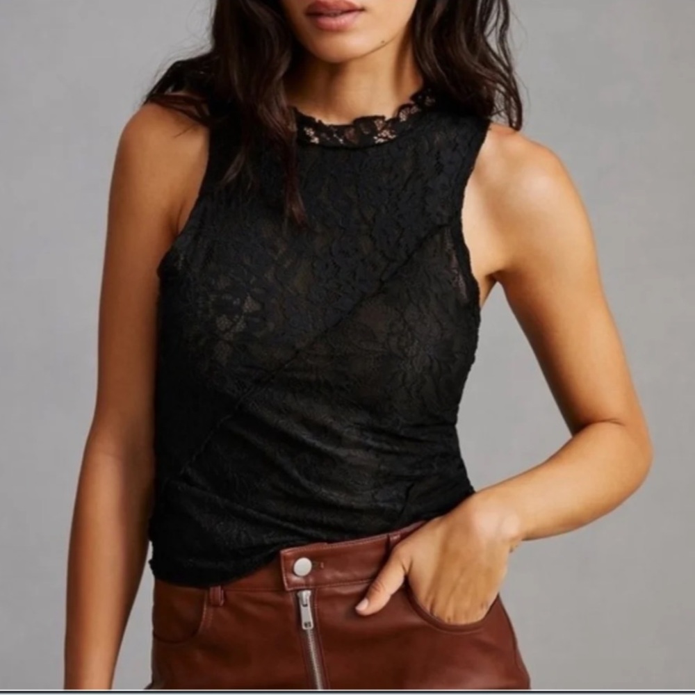 Anthropologie Black Lace Sleeveless Mock Neck Top NWT - Sz XXS